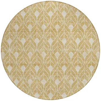 8' Gold And Ivory Round Geometric Washable Indoor Outdoor Area Rug