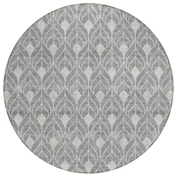 8' Gray And Light Gray Round Geometric Washable Indoor Outdoor Area Rug