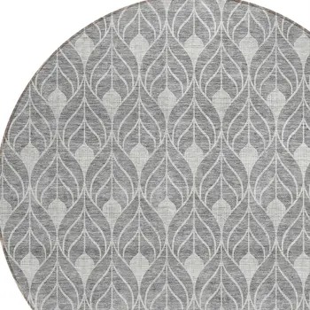 8' Gray And Light Gray Round Geometric Washable Indoor Outdoor Area Rug
