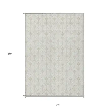 3' X 5' Ivory And Beige Geometric Washable Indoor Outdoor Area Rug