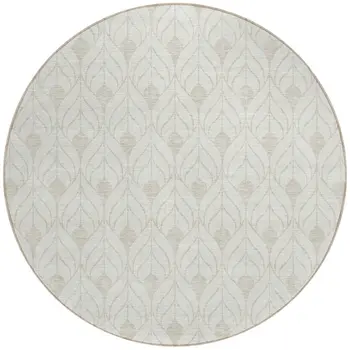 8' Ivory And Beige Round Geometric Washable Indoor Outdoor Area Rug