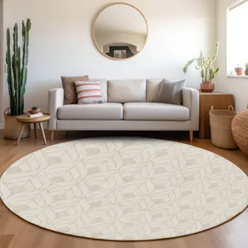 8' Ivory And Beige Round Geometric Washable Indoor Outdoor Area Rug