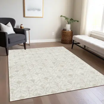 8' X 10' Ivory And Beige Geometric Washable Indoor Outdoor Area Rug