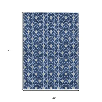 3' X 5' Navy Blue And Ivory Geometric Washable Indoor Outdoor Area Rug