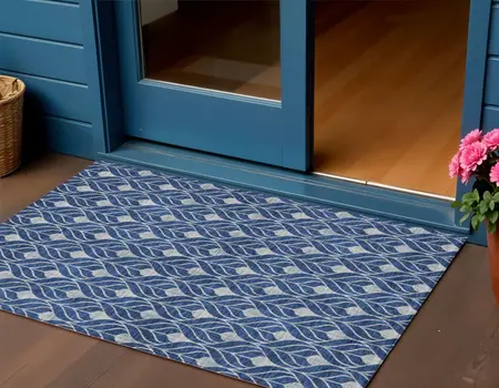 3' X 5' Navy Blue And Ivory Geometric Washable Indoor Outdoor Area Rug