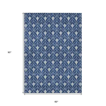 5' X 8' Navy Blue And Ivory Geometric Washable Indoor Outdoor Area Rug