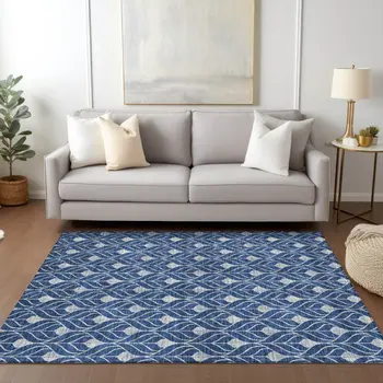 5' X 8' Navy Blue And Ivory Geometric Washable Indoor Outdoor Area Rug