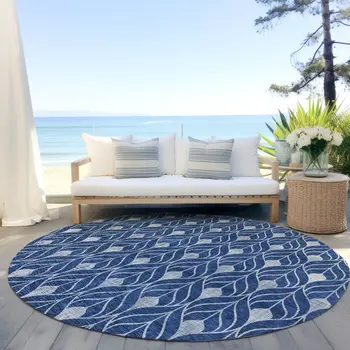 8' Navy Blue And Ivory Round Geometric Washable Indoor Outdoor Area Rug