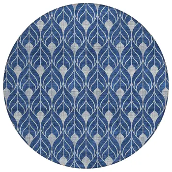 8' Navy Blue And Ivory Round Geometric Washable Indoor Outdoor Area Rug