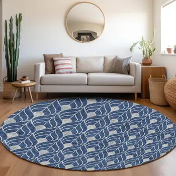 8' Navy Blue And Ivory Round Geometric Washable Indoor Outdoor Area Rug