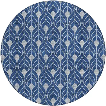 8' Navy Blue And Ivory Round Geometric Washable Indoor Outdoor Area Rug