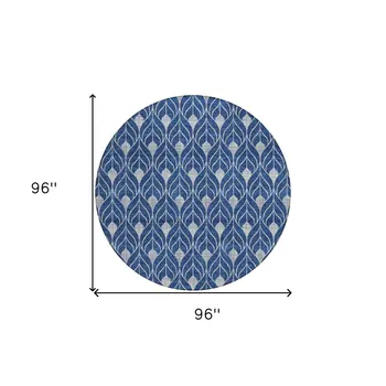 8' Navy Blue And Ivory Round Geometric Washable Indoor Outdoor Area Rug