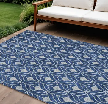 9' X 12' Navy Blue And Ivory Geometric Washable Indoor Outdoor Area Rug