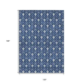 10' X 14' Navy Blue And Ivory Geometric Washable Indoor Outdoor Area Rug