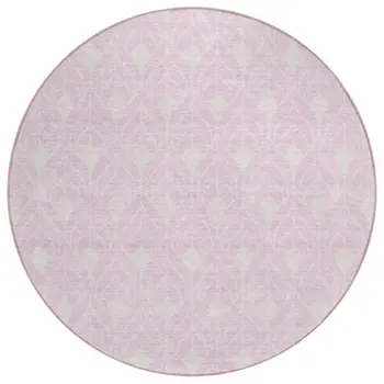 8' Pink And Ivory Round Geometric Washable Indoor Outdoor Area Rug