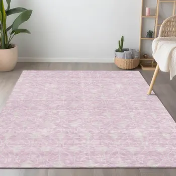 8' X 10' Pink And Ivory Geometric Washable Indoor Outdoor Area Rug