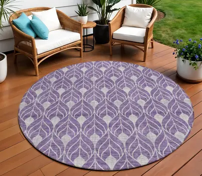 8' Purple And Ivory Round Geometric Washable Indoor Outdoor Area Rug