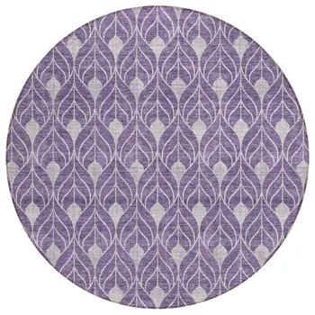 8' Purple And Ivory Round Geometric Washable Indoor Outdoor Area Rug