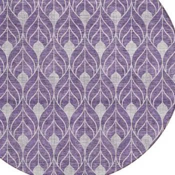 8' Purple And Ivory Round Geometric Washable Indoor Outdoor Area Rug