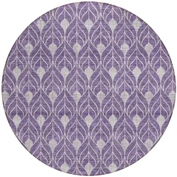 8' Purple And Ivory Round Geometric Washable Indoor Outdoor Area Rug