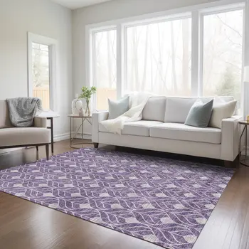 9' X 12' Purple And Ivory Geometric Washable Indoor Outdoor Area Rug