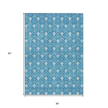 3' X 5' Teal Blue And Ivory Geometric Washable Indoor Outdoor Area Rug