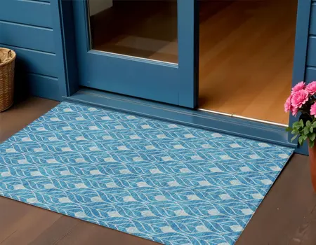 3' X 5' Teal Blue And Ivory Geometric Washable Indoor Outdoor Area Rug