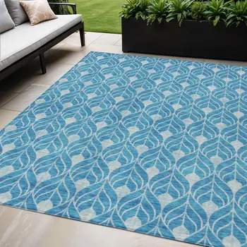 5' X 8' Teal Blue And Ivory Geometric Washable Indoor Outdoor Area Rug