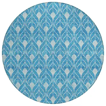 8' Teal Blue And Ivory Round Geometric Washable Indoor Outdoor Area Rug