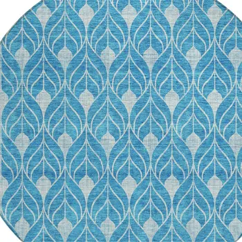 8' Teal Blue And Ivory Round Geometric Washable Indoor Outdoor Area Rug