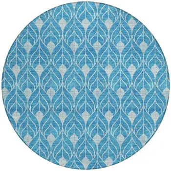 8' Teal Blue And Ivory Round Geometric Washable Indoor Outdoor Area Rug