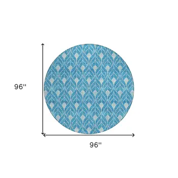 8' Teal Blue And Ivory Round Geometric Washable Indoor Outdoor Area Rug