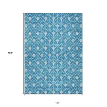 10' X 14' Teal Blue And Ivory Geometric Washable Indoor Outdoor Area Rug
