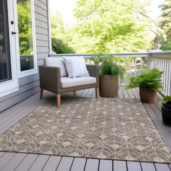 9' X 12' Taupe And Beige Geometric Washable Indoor Outdoor Area Rug