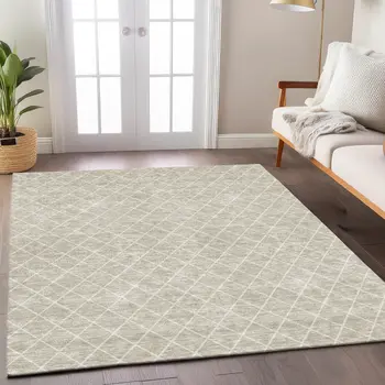 3' X 5' Beige And Ivory Geometric Washable Indoor Outdoor Area Rug