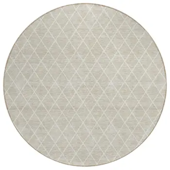 8' Beige And Ivory Round Geometric Washable Indoor Outdoor Area Rug