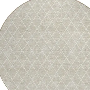 8' Beige And Ivory Round Geometric Washable Indoor Outdoor Area Rug