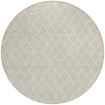 8' Beige And Ivory Round Geometric Washable Indoor Outdoor Area Rug