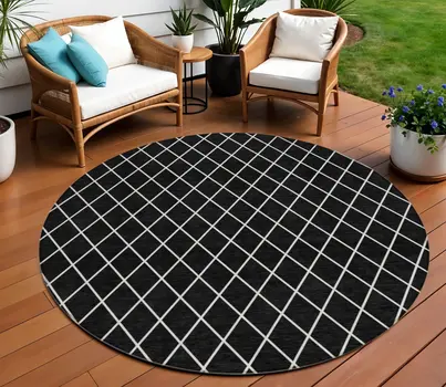 8' Black And Ivory Round Geometric Washable Indoor Outdoor Area Rug