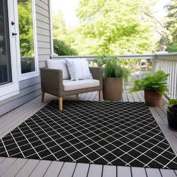 10' X 14' Black And Ivory Geometric Washable Indoor Outdoor Area Rug