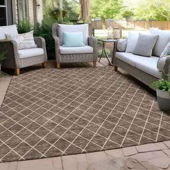 8' X 10' Brown And Beige Geometric Washable Indoor Outdoor Area Rug