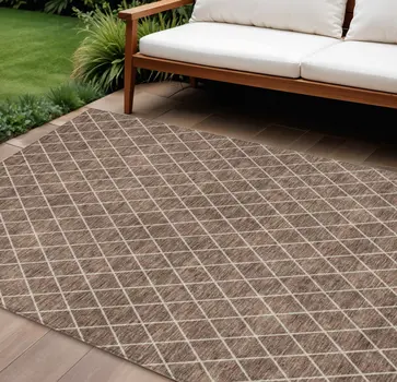 10' X 14' Brown And Beige Geometric Washable Indoor Outdoor Area Rug