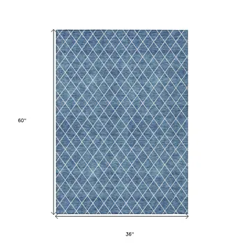 3' X 5' Denim Blue And Ivory Geometric Washable Indoor Outdoor Area Rug