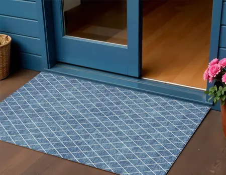 3' X 5' Denim Blue And Ivory Geometric Washable Indoor Outdoor Area Rug