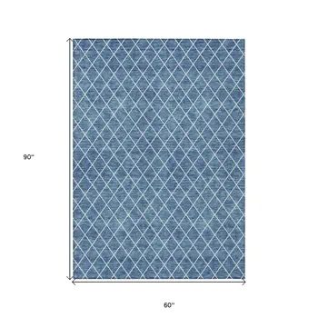 5' X 8' Denim Blue And Ivory Geometric Washable Indoor Outdoor Area Rug