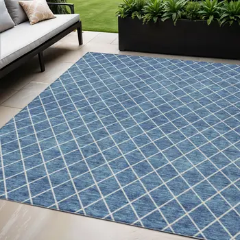 5' X 8' Denim Blue And Ivory Geometric Washable Indoor Outdoor Area Rug