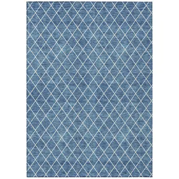 5' X 8' Denim Blue And Ivory Geometric Washable Indoor Outdoor Area Rug