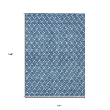 9' X 12' Denim Blue And Ivory Geometric Washable Indoor Outdoor Area Rug