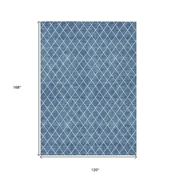 10' X 14' Denim Blue And Ivory Geometric Washable Indoor Outdoor Area Rug