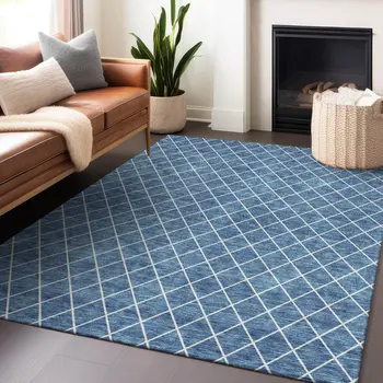 10' X 14' Denim Blue And Ivory Geometric Washable Indoor Outdoor Area Rug